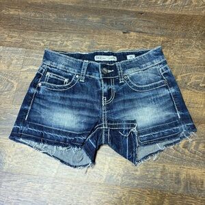 BKE Sabrina Blue Denim Jean Shorts Womens 24 Whiskered Distressed Low Rise